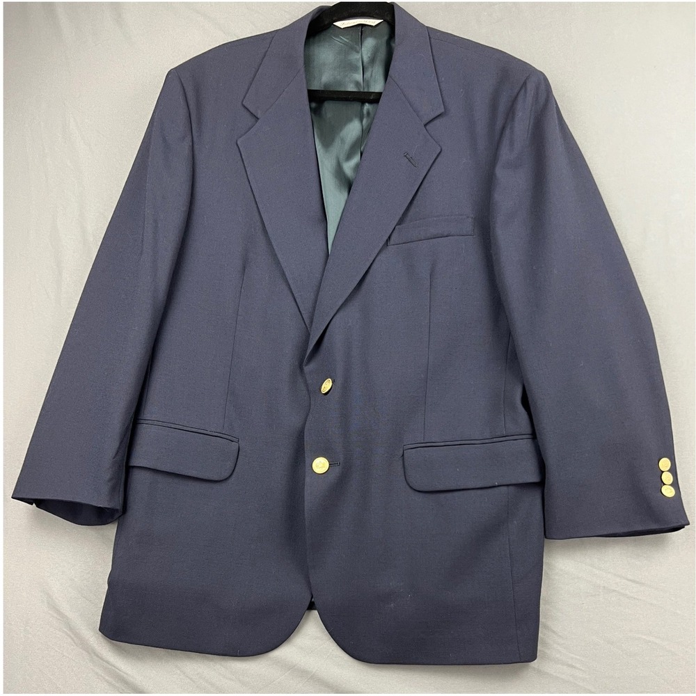 Stafford Blazer Mens 43R Worsted Wool Navy Blue Gold Crest Button Sport Coat USA